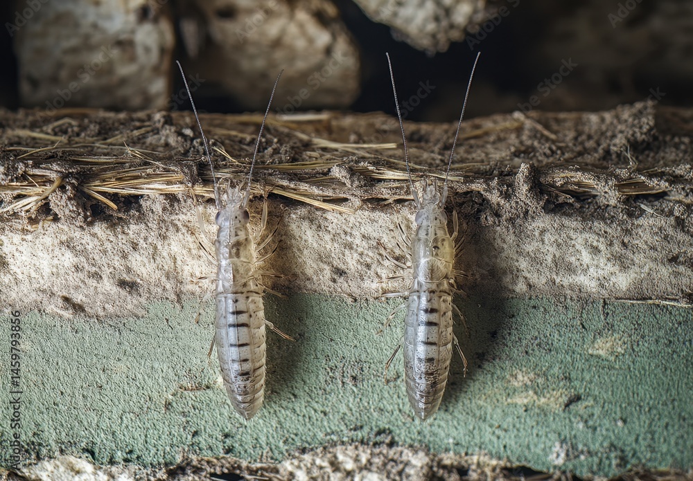 Poster close-up of two transparent insects on a natural surface in a forest environment, highlighting textu