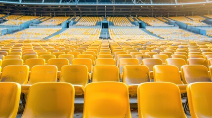 Empty rows arranged yellow seats of outdoor tribune sport building stadium.