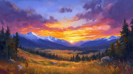 Obraz premium Vibrant Sunset over Mountain Valley Landscape