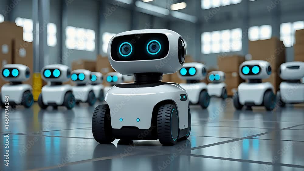 Poster group of friendly small robots with large blue eyes in a warehouse environment, representing automat