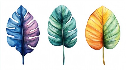 Watercolor Tropical Leaves in Vibrant Blue, Green, and Orange Tones