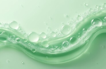 Abstract skincare beauty product, green gel texture with bubbles on light background. Transparent aloe hyaluronic acid serum for skin care. Liquid cream with vitamins. Wellness and cosmetic concept.