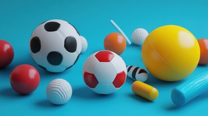 Vibrant 3D Render of Sport Balls and Abstract Objects on a Blue Background
