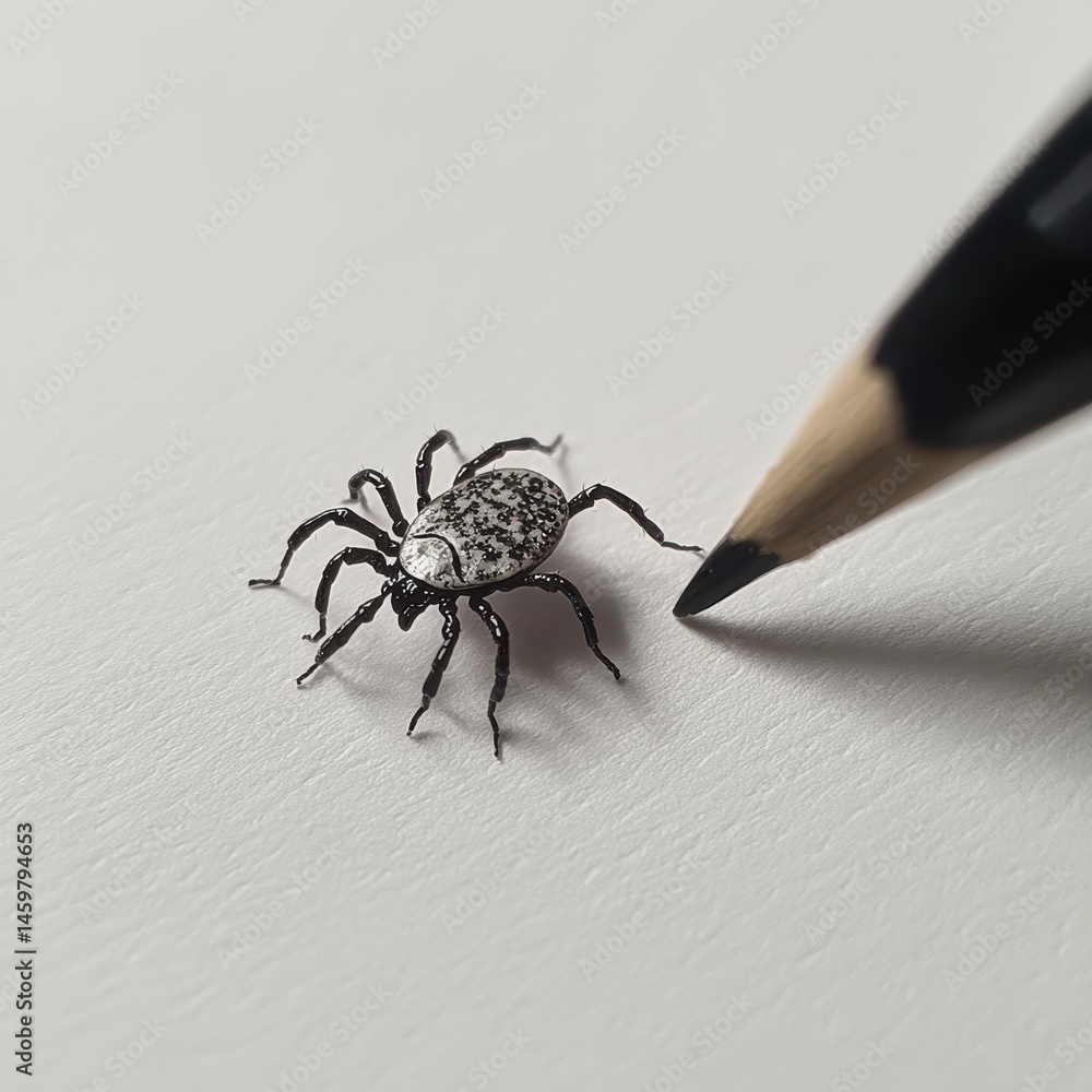 Poster close-up of realistic spider on light background near shiny pencil tip capturing intricate details o