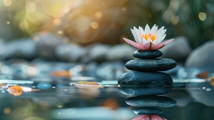 Closeup beautiful lotus or water lily flower, stack stones on water surface background. Generate AI