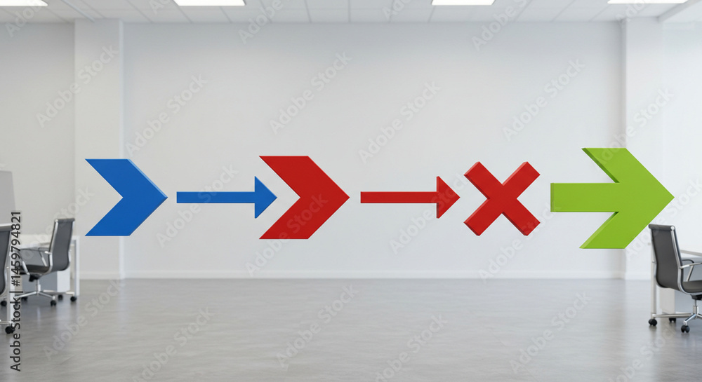 Aufkleber business process improvement workflow with arrows showing success and failure in office space design