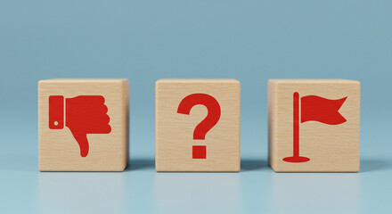 Wooden blocks with dislike question mark and flag icons strategy decision making concept illustration