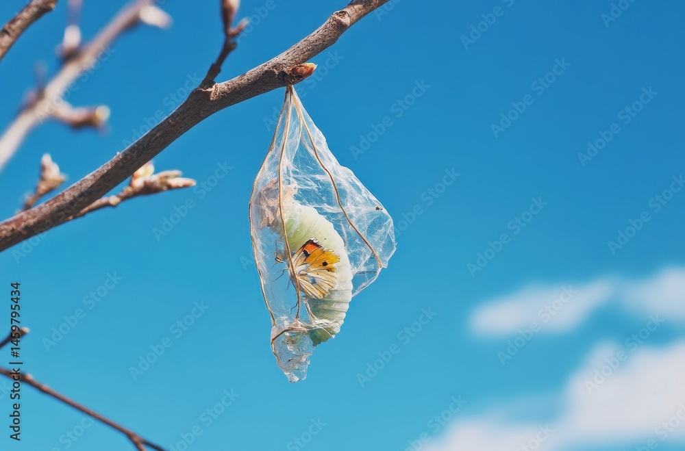 Poster close-up of butterfly chrysalis hanging from tree branch under a clear blue sky with soft clouds and