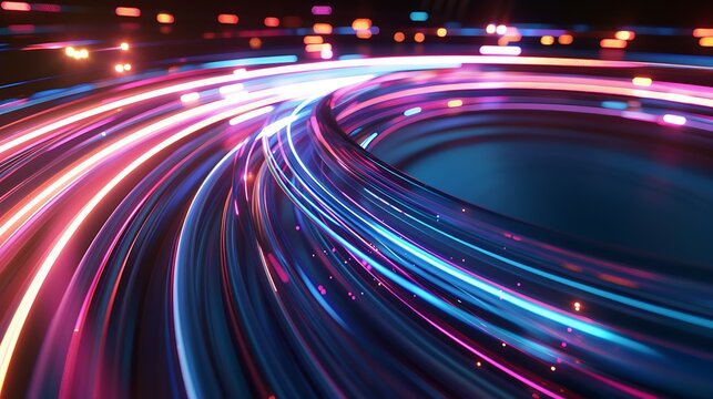 Abstract background of curving blue and pink light trails suggesting speed, data flow, or fiber optic communication on a dark backdrop with motion blur. Technology concept.
