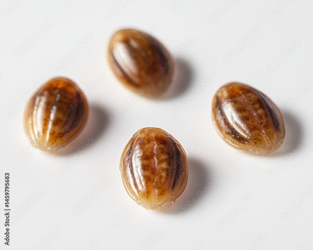 Poster close-up of brown and tan oval seed-like objects with smooth surface and subtle striations on a whit