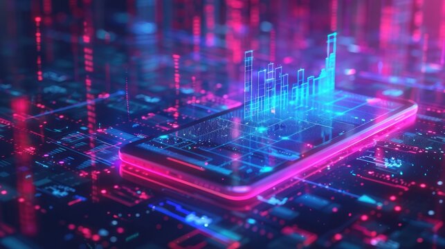 Mobile phone with digital business financial colorful pink neon light background. AI generated image