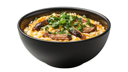 Delicious Mushroom and Chicken Rice Bowl Recipe isolated on transparent background
