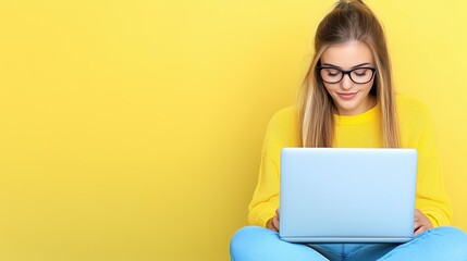 Naklejka premium Woman in yellow sweater working on laptop against a bright yellow background in a casual indoor setting