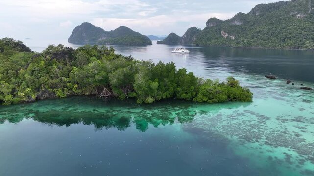 Limestone islands surround a beautiful bay in Pelee, Raja Ampat. This tropical region is a popular destination for divers and snorkelers due to its extraordinary marine biodiversity.