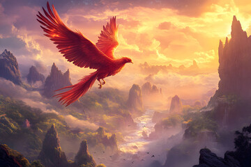Majestic red phoenix soaring over mountains at sunset in a mystical landscape with vibrant clouds