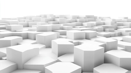 Abstract geometric landscape with white hexagonal shapes creating a 3D effect and depth