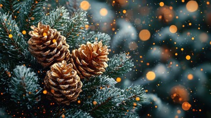 Glittering gold pine cones adorn a snow-dusted evergreen branch, set against a bokeh backdrop of warm lights and falling snow