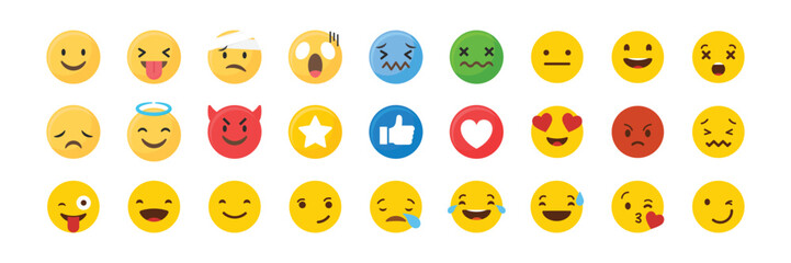 Social media reaction emoji icon. Emoticon icon set. Smile, Crying, Sad, Angry, Joyful, Hello, Handshake, etc. Vector illustration eps 10