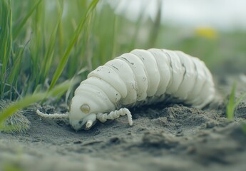 Naklejka premium Close-up of a white caterpillar crawling on sandy soil among vibrant green grass and blooming flowers in a natural outdoor environment