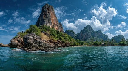 Obraz premium Panoramic View of Phuket's Phang Nga Bay with Limestone Karsts and Turquoise Waters, Aerial Tropical Landscape for Ecotourism Promotion