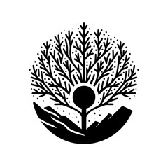 Nature Symbol: Minimalist Tree & Mountain Logo in Black and White
