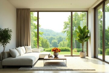 Serene Living Room with Expansive Window Views of Lush Greenery and a Modern Sectional Sofa