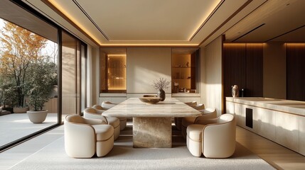 Modern, minimalist dining room with panoramic views.  Large, light-filled space with natural tones, featuring a  sleek,  marble table and comfortable seating.  Open-plan design