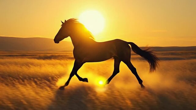 Graceful black silhouette of a galloping horse in slow-motion endless golden meadow, grass floating underwater, surreal dreamlike golden sunset, cinematic lens flares, ethereal lighting, 4K