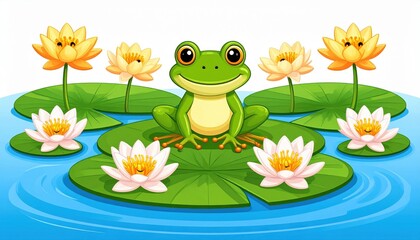 Fototapeta premium Frog on lily pads tranquil pond digital illustration nature close-up serenity and wildlife