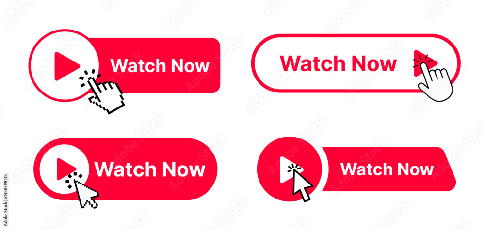 Fototapete watch now buttons with computer mouse click cursor arrow icons set and hand pointers. play video but