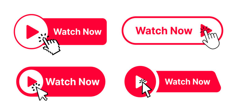Watch now buttons with computer mouse click cursor arrow icons set and hand pointers. Play video button set for websites. UI elements for video playback. Vector illustration.