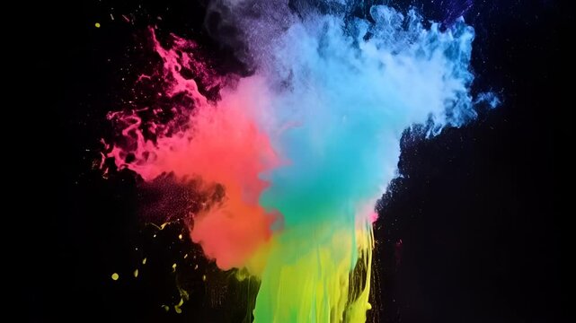 In a dark studio. the paint erupts in a huge, colorful blast, rising and swirling in mid-air. The camera slowly pans up, capturing the vivid, dynamic motion of the paint.