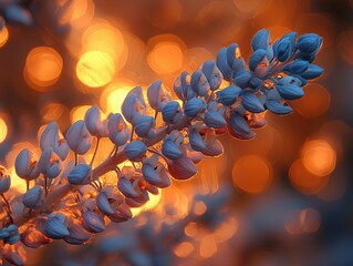 Close-up of a pale blue flower spike, softly lit against a warm, blurred background of lights