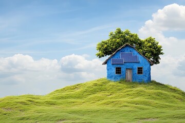 Obraz premium Blue House on Green Hill Under Sunny Sky