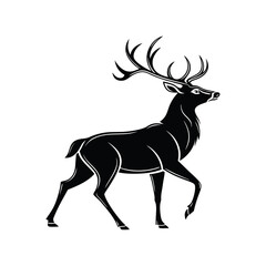 A black vector silhouette illustration depicts a wild deer with antlers, silhouette Deer