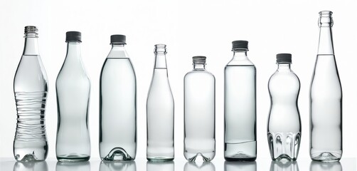 Various transparent water bottles against white background. Clear liquid inside different bottle shapes. Clean, pure, refreshing hydration product. Plastic bottles water drink, product packaging.