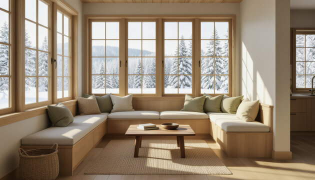 Sunlight streams through large windows illuminating a cozy, minimalist living room featuring a built-in wooden bench and a serene winter landscape view.