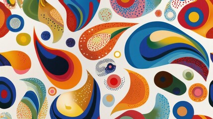 Abstract pattern with a white background. the pattern is made up of various shapes and colors, including circles, squares, and rectangles in various shades of blue, orange, red, and yellow.