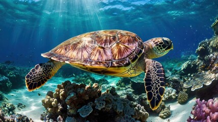 Obraz premium Sea turtle glides through coral reef