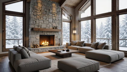 Fototapeta premium A cozy living room with a stone fireplace and large windows showcasing a snow-covered forest creates a warm and inviting atmosphere.