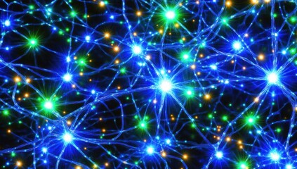 Abstract representation of neural connections illuminated with vibrant blue and green lights