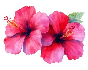 Watercolor painting of two vibrant pink hibiscus flowers