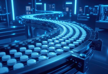 Obraz premium Futuristic conveyor belt transporting white capsules in a high-tech facility