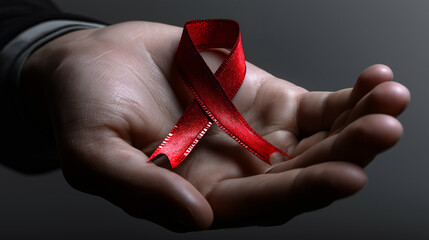 Hands Holding Red Ribbon – Symbol of Solidarity, Awareness, and Support for World AIDS Day and the Global Fight Against HIV/AIDS