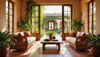 Sunlight streams into a warmly-toned living room featuring wicker furniture, potted plants, and arched doorways that open onto a lush, green courtyard.