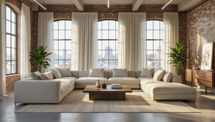 A spacious loft living room features a large sectional sofa, coffee table, and floor-to-ceiling windows showcasing a cityscape view.