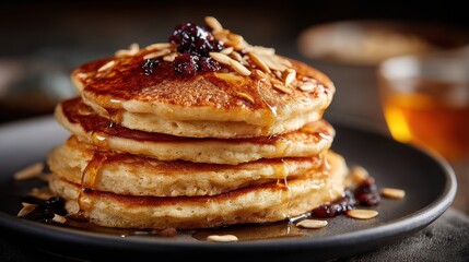Stack of fluffy pancakes with honey, nuts, and berries on a plate.