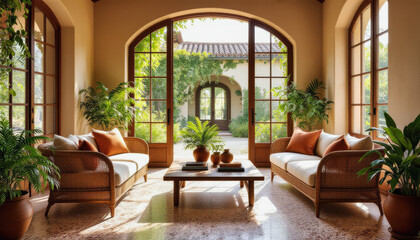 Fototapeta premium Sunlight floods a warmly-toned living room featuring arched French doors opening onto a lush garden, accented by wicker furniture, potted plants, and a comfortable seating arrangement.