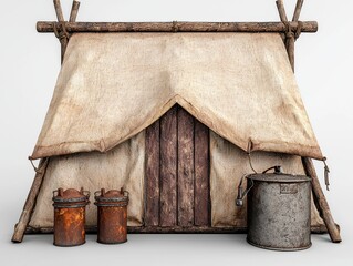 Rustic Tan Canvas Tent with Wooden Frame and Aged Metal Containers