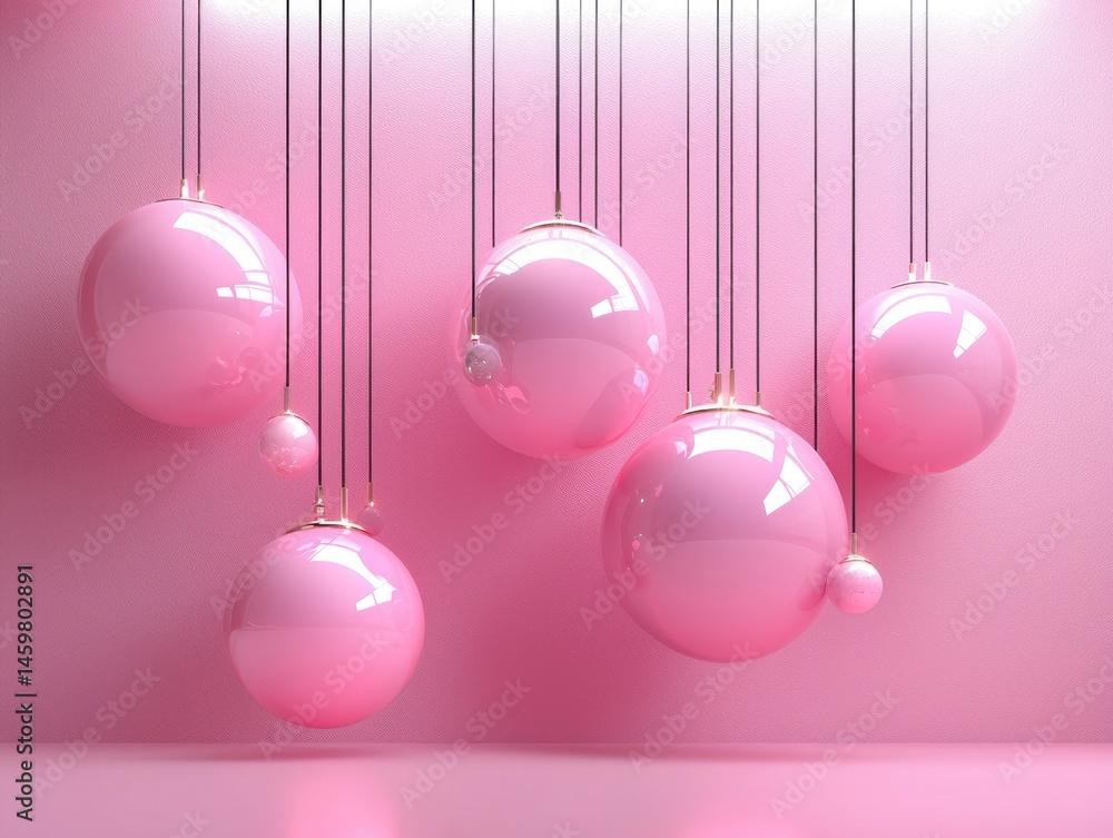 Poster pink glossy spheres hang from strings against a pink wall, creating a minimalist and visually appeal